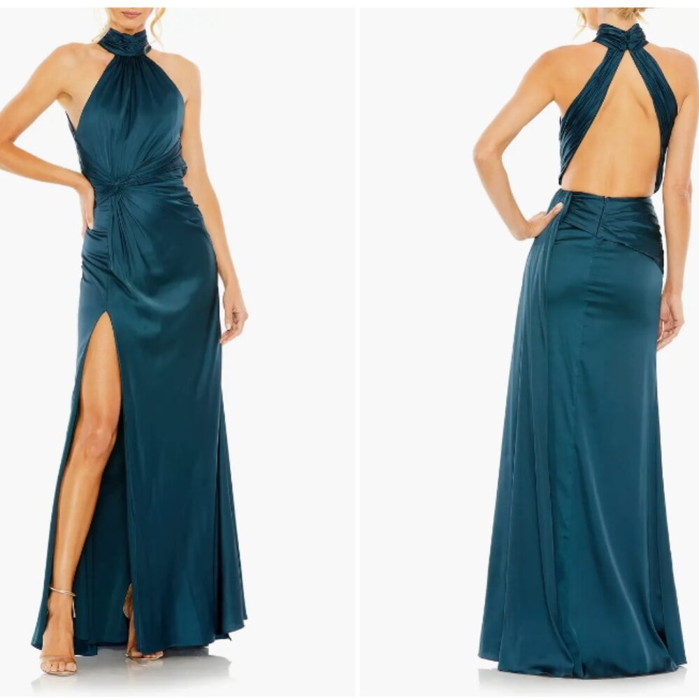 MAC DUGGAL 11642 HIGH NECK OPEN BAC SIDE RUCHED OCEAN BLUE SATIN GOWN  sz 8